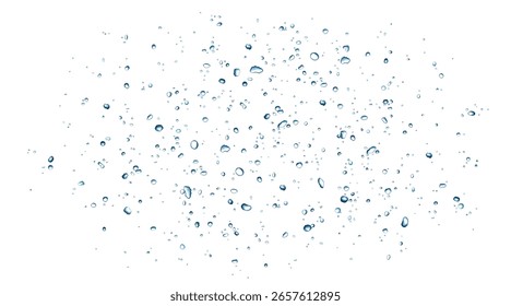 Blue water bubbles and drops spray. Realistic ice particles splash. 3D flying crystal shards. Vector droplet  or gel texture for cosmetics, carbonated drink, soap background.