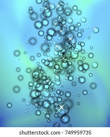 Blue water bubbles on ocean background. Suitable for beverage, cosmetics, holidays concepts. Vector illustration