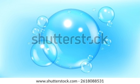 Blue water bubbles. Realistic aqua 3D glossy transparent bubbles. Vector abstract banner for shampoo, moisturizer skin care cosmetics and detergent advertising.