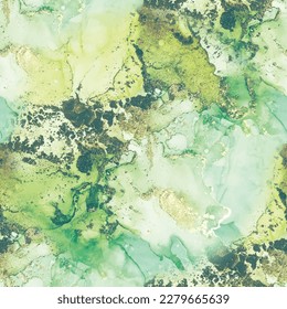 Blue Water Color Marble. Foil Marble Watercolor. Luxury Abstract Template. Light Elegant Pattern. White Alcohol Ink Canvas. Metal Water Color Background. Green Art Paint. Gold Seamless Background.