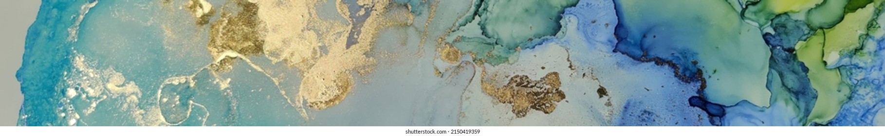 Blue Water Color Marble. Modern Vector Painting. Gold Oil Paint. Blue Oriental Watercolor. Light Elegant Glitter. Copper Alcohol Ink Background. Gold Marble Background. Golden Alcohol Ink Canvas.