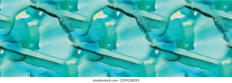 Blue Water Color Marble. Shiny Alcohol Ink Background. Luxury Alcohol Ink Canvas. Foil Ink Paint. Vector Seamless Painting. Vector Elegant Repeat. Green Marble Background. Gold Oriental Watercolor.