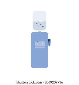 Refrigerador de agua azul con botella de medio galón lleno y vasos de plástico. Ilustración vectorial del dispensador de bebidas calientes y frías al estilo de dibujos animados planos aislados en fondo blanco.