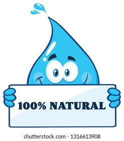 Blue Water Drop Cartoon Character Holding A Banner With Text. Vector Illustration Isolated On Transparent Background