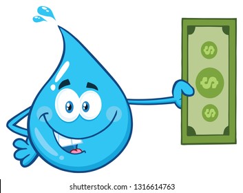 Blue Water Drop Cartoon Character Holding A Dollar Bill. Vector Illustration Isolated On Transparent Background