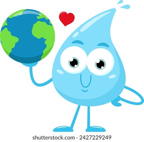 Blue Water Drop Cartoon Character Holding Earth Globe World. Vector Illustration Flat Design Isolated On Transparent Background