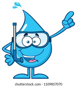 Blue Water Drop Cartoon Mascot Character With Snorkel Pointing. Vector Illustration Isolated On White Background