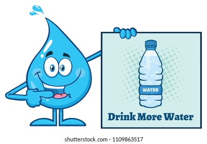 Blue Water Drop Cartoon Mascot Character Pointing A Drink More Water Sign. Vector Illustration Isolated On White Background