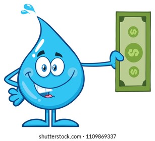 Blue Water Drop Cartoon Mascot Character Holding A Dollar Bill. Vector Illustration Isolated On White Background