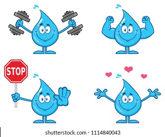  Blue Water Drop Cartoon Mascot Character 2. Vector Collection Isolated On White Background