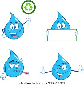 Blue Water  Drop Character In Different Poses 7. Vector Collection Set