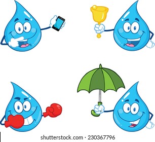 Blue Water  Drop Character In Different Poses 2. Vector Collection Set