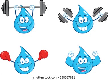 Blue Water  Drop Character In Different Poses 5. Vector Collection Set