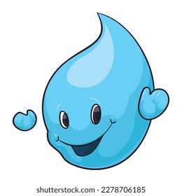 Blue water drop character with happy gesture and raised hands. Cartoon style design with outlines.