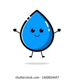 Blue water drop character that is jumping with a cute facial expression