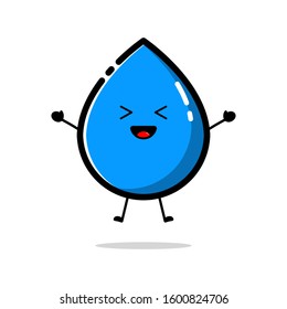 Blue water drop character that is jumping with a cute facial expression