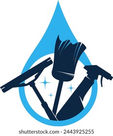 Blue water drop and cleaning tool symbol. Cleaning and order in the house symbol