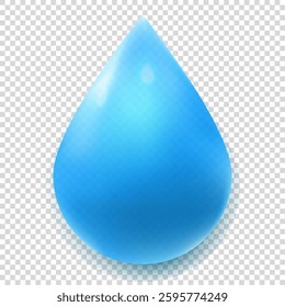 Blue Water drop close up view isolated on transparent background. Clear ligh vector water drop with shadow. Perfect for concepts related to water, purity, freshness, and environmental themes.