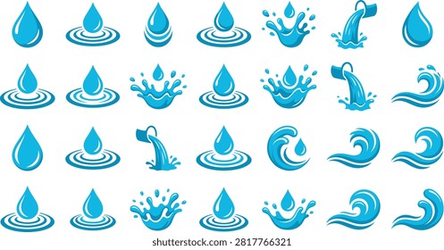 Blue water drop collection, aqua splash, wave, ripple, and pouring liquid symbols for nature, eco, purity design