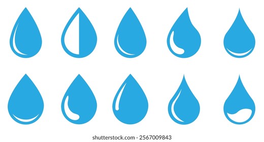 Blue water drop drawing or drop drop icon. Water drops and liquid droplets silhouettes set icons on white background