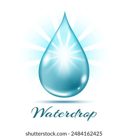 Blue water drop emblem. Aqua dew drip isolated vector illustration