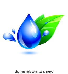 blue water drop and green leaf on white. aqua. eps10