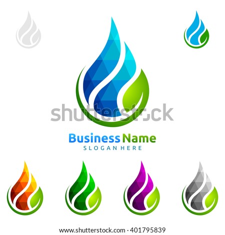 Blue water drop with green leaf ecology vector logo design