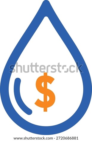 A blue water drop icon with a dollar sign inside representing the cost of water