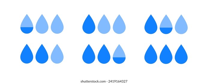 Icono de gota de agua azul, gota de agua semicolor. Droplet, símbolo de lluvia, alimentación infantil, concepto de ducha. Conjunto de iconos de ilustración de vector plano.