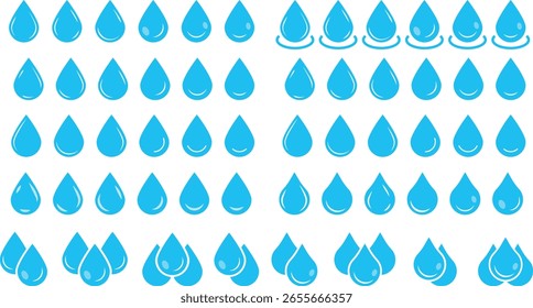 Conjunto de iconos de gota de agua azul. Signo de gotita. burbujas de agua repitiendo Elementos. Lágrimas y símbolos de petróleo. temas de conservación del agua. Concepto de espuma de lavado limpio
