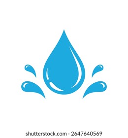 A blue water drop icon with splashes isolated on white background