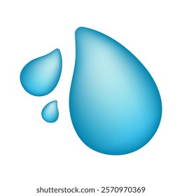 Blue water drop icon, Blue three drops of water emoji, liquid, tear, rain, splash, sweat, 3d emoticon isolated on white background. Vector illustration.