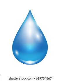 Blue water drop in light realistic vector illustration isolated on white background