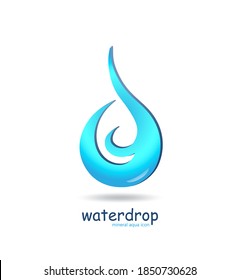 Blue water drop logo with shadow. Ecology wave concept clean water. Aqua droplet logotype idea vector template. Waterdrop icon used for ecology and healthy firm, cleaning, plumbing or sanitary company