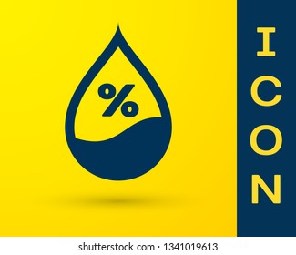Blue Water drop percentage icon isolated on yellow background. Humidity analysis. Vector Illustration