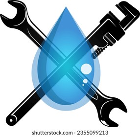 Blue water drop and plumbing wrenches. Design for plumbing repair