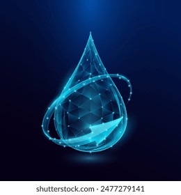 Blue water drop from polygon surrounded by arrows. Environmental protection and nature care ecology. Biotechnology. Agriculture concept. Use ad the agricultural industry. Vector EPS10.