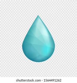 Blue water drop with polygonal pattern on transparent background.