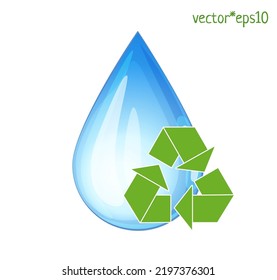 Blue water drop with recycling green symbol vector icon isolated on white background, cartoon clear droplet illustration