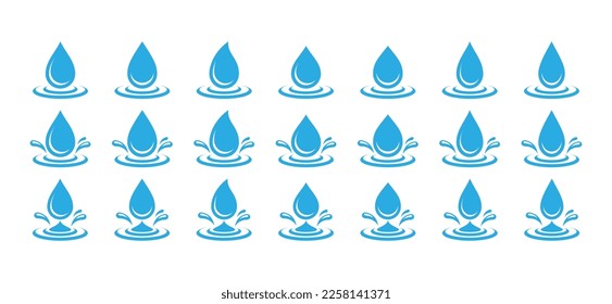 Blue water drop and splash icon set. Splashing water droplets icon collection. Blue water or oil drops symbol for apps and websites, vector illustration