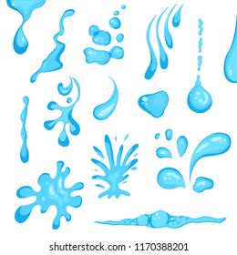 Blue Water Drop or Splash Set Decor Element Include of Droplet, Splashing, Raindrop and Tear. Vector illustration