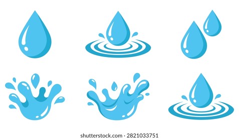 Blue water drop and splash vector collection featuring ripples liquid symbols and glossy droplets isolated on white background for ecology hydration weather and creative graphic design.
