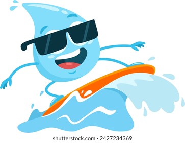 Blue Water Drop Surfer Cartoon Character Riding A Wave. Vector Illustration Flat Design Isolated On Transparent Background