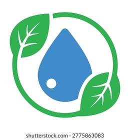 A blue water drop surrounded by green leaves, symbolizing eco-friendliness and nature conservation. Ideal for environmental and sustainability concepts.