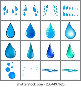 Blue water drop symbol set. Template of raindrop, sweat, tears and puddle.  Vector illustration isolated on white. 
