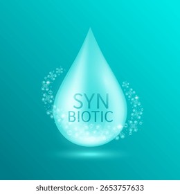 Blue water drop synbiotic surrounded by glowing ring bacteria. Good dead bacterial flora for stomach intestine. Health care immunity. For design dietary supplement products ads. Vector.