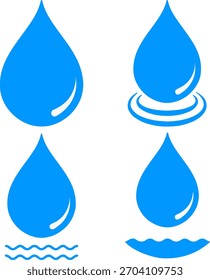 Conjunto de iconos de Vector de gota de agua azul, símbolos de salpicaduras y ondas de líquido