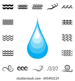 Blue water drop vector icon or rain icon isolated on white background. Wave signs collection