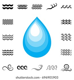 Blue water drop vector icon or rain icon isolated on white background. Wave signs collection
