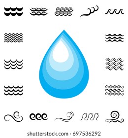 Blue water drop vector icon or rain icon isolated on white background. Wave signs collection